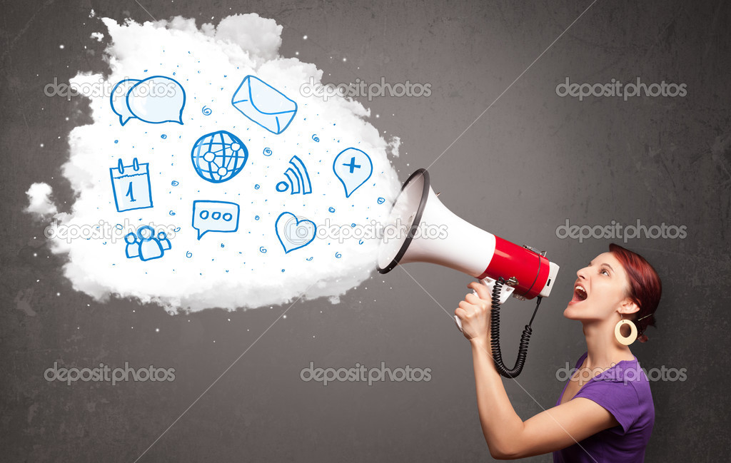 Woman shouting into loudspeaker and modern blue icons and symbol