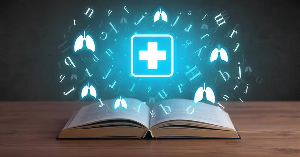 Open medical book with health icons above — Stock Photo, Image