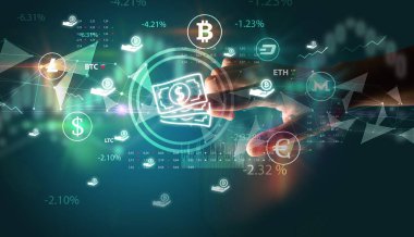 İş adamı multimedya dokunmatik ekranında para birimi simgesini elle itiyor