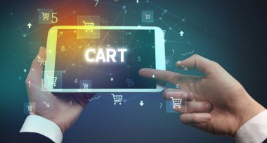 Alışveriş yazısıyla el ele tutuşma tabletinin yakın çekimi