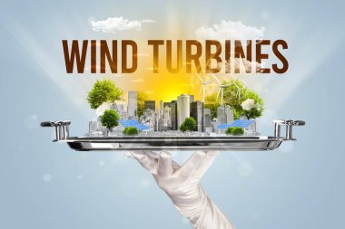 Waiter serving eco cityscape concept