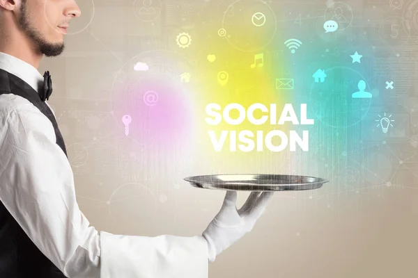 Waiter serving social networking concept — Stockfoto