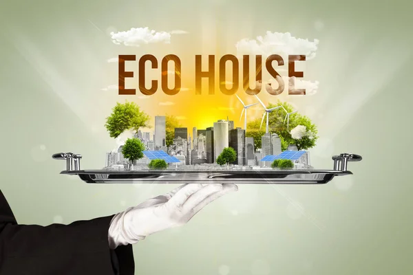 Waiter serving eco cityscape concept — Foto Stock