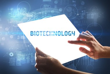 El işi fütüristik tablet, teknoloji konsepti.