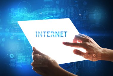 El işi fütüristik tablet, teknoloji konsepti.