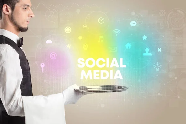 Waiter serving social networking concept — Stock Fotó