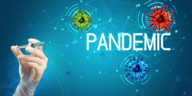 Şırınga, elinde tıbbi enjeksiyon, koronavirüs aşısı konsepti.