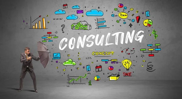 İş adamı şemsiye kavramının arkasına saklanıyor