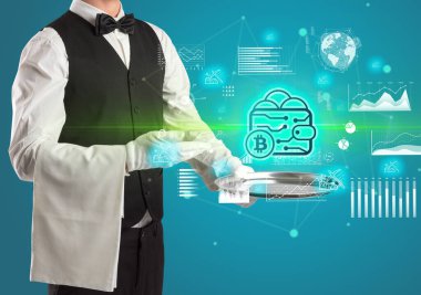 Smokinli yakışıklı garson para birimi simgelerini tepside tutuyor.