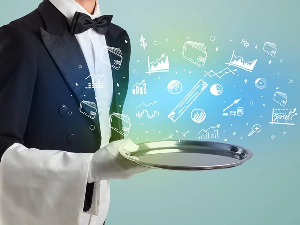 Handsome young waiter in tuxedo holding money icons on tray — Stock Photo, Image