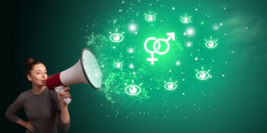 Megafon ve sağlık ikonu olan genç kişi