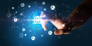 İşadamı çoklu dokunmatik ekranda hisse senedi grafik bilgisine bastı