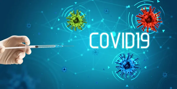 Jeringa, inyección médica en la mano, concepto de vacuna contra el coronavirus — Foto de Stock