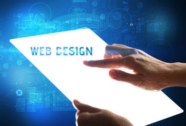 El işi fütüristik tablet, teknoloji konsepti.