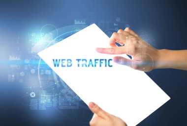 El işi fütüristik tablet, teknoloji konsepti.