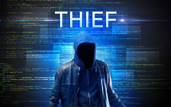 Faceless hacker on code background — Stock Photo, Image