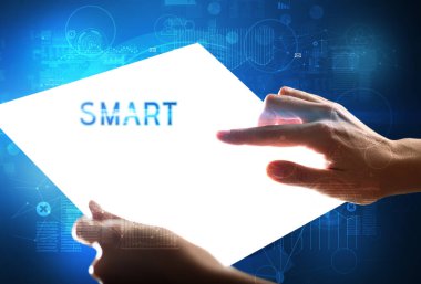 El işi fütüristik tablet, teknoloji konsepti.