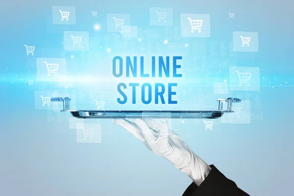 Garçom servindo conceito de compras online — Fotografia de Stock