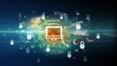 Gelecekteki teknoloji kavramı ile yumuşak jest multimedya ekranına dokunmak