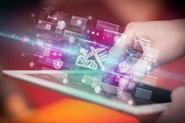 Close-up of a hand using tablet, currency concept — Stock Photo, Image