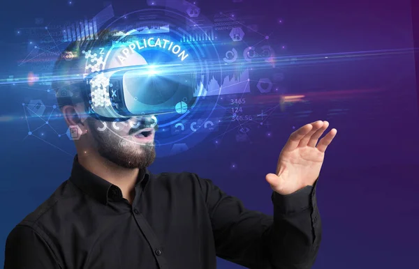 Businessman looking through VR glasses — Stock Photo, Image