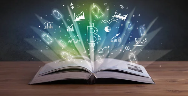 Open book with profit icons above — Stock Photo, Image