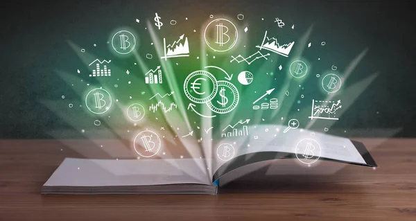 Open book with profit icons above — Stock Photo, Image