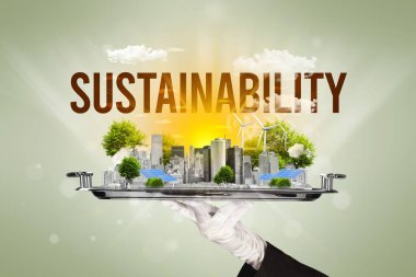 Waiter serving eco cityscape concept