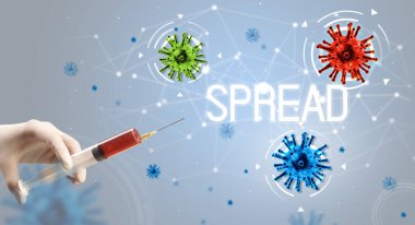 Şırınga, elinde tıbbi enjeksiyon, koronavirüs aşısı konsepti.