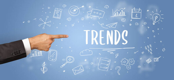 Close-Up of cropped hand pointing at business inscription