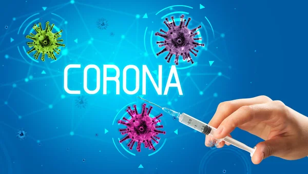 Spuit, medische injectie in de hand, coronavirus vaccin concept — Stockfoto