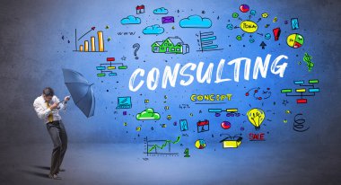 İş adamı şemsiye kavramının arkasına saklanıyor