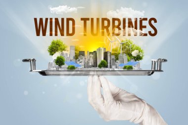 Waiter serving eco cityscape concept