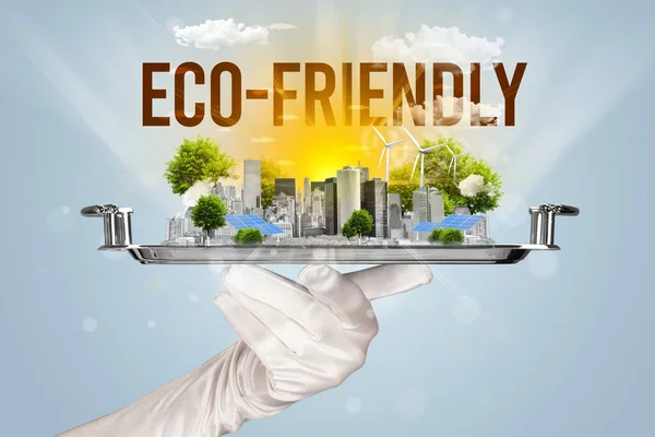 Waiter serving eco cityscape concept — Foto Stock