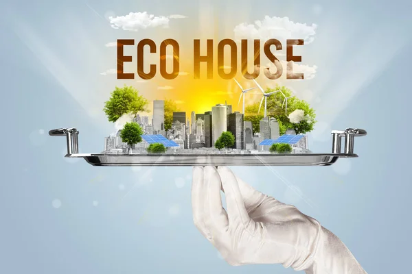 Waiter serving eco cityscape concept — Foto Stock