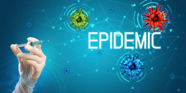 Şırınga, elinde tıbbi enjeksiyon, koronavirüs aşısı konsepti.