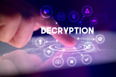 Web teknolojisi simgeleri ve Şifre çözme yazıt, web teknolojisi kavramı ile parmak dokunma tablet