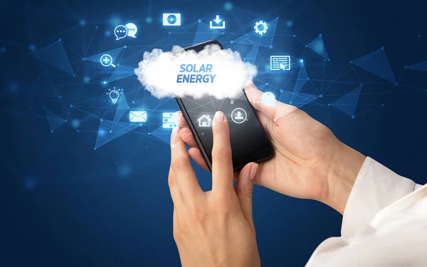 Female Hand Holding Smartphone Solar Energy Inscription Cloud Technology Concept — Stock Photo, Image