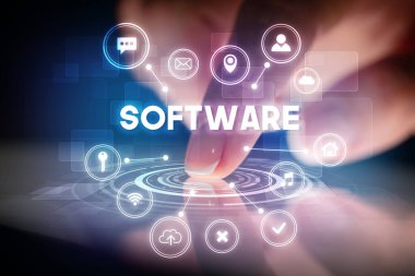 Parmak web teknolojisi simgeleri ve Yazılım yazıt, web teknolojisi kavramı ile tablet dokunmadan