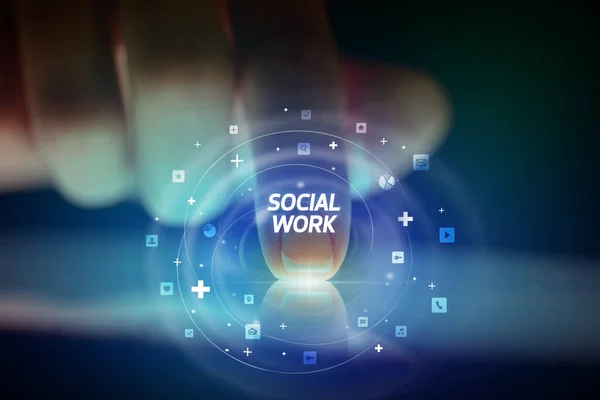 Tablet Mit Fingerberührung Mit Social Media Ikonen Und Sozialer Arbeit — Stockfoto