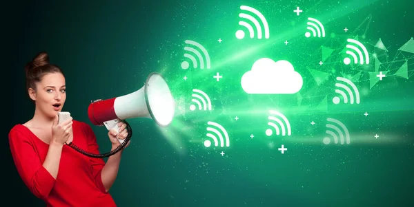 Young person yelling in loudspeaker with cloud icon, modern technology concept