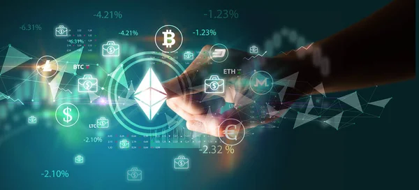 Uomo Affari Mano Spingendo Simbolo Ethereum Multimedia Touch Screen Concetto — Foto Stock