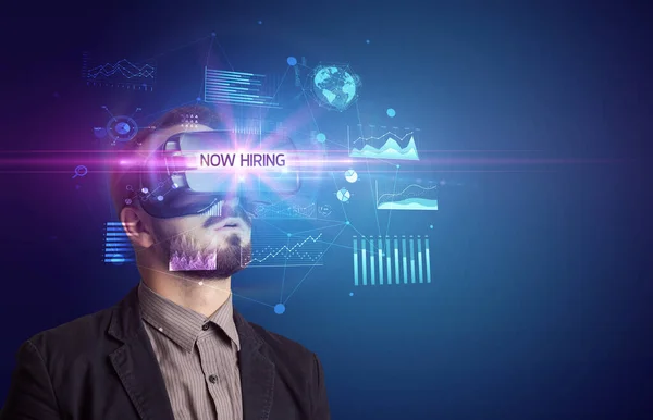 Businessman Looking Virtual Reality Glasses Now Hiring Inscription New Business — 스톡 사진