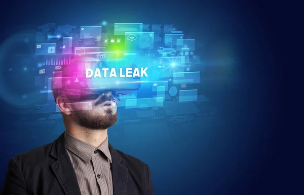 Businessman Looking Virtual Reality Glasses Data Leak Inscription Innovative Security — Stock Photo, Image