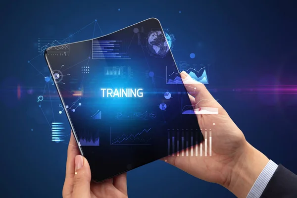 Businessman Holding Foldable Smartphone Training Inscription Successful Business Concept — Stock Photo, Image