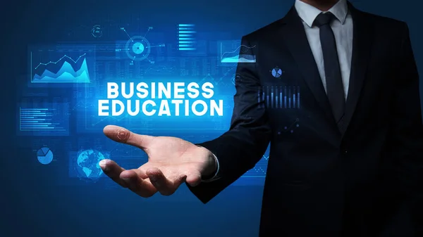 Dłoń Biznesmena Napisem Business Education Koncepcja Sukcesu Biznesowego — Zdjęcie stockowe