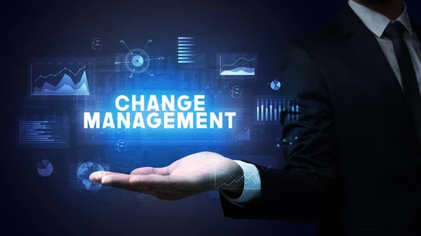Main Homme Affaires Tenant Inscription Change Management Concept Réussite Commerciale — Photo