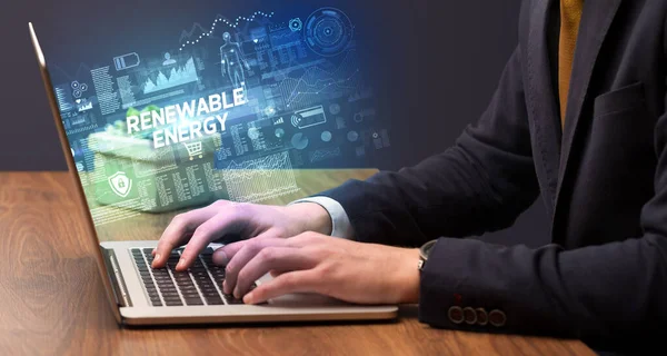 Businessman Working Laptop Renewable Energy Inscription Cyber Technology Concept — Stock Photo, Image