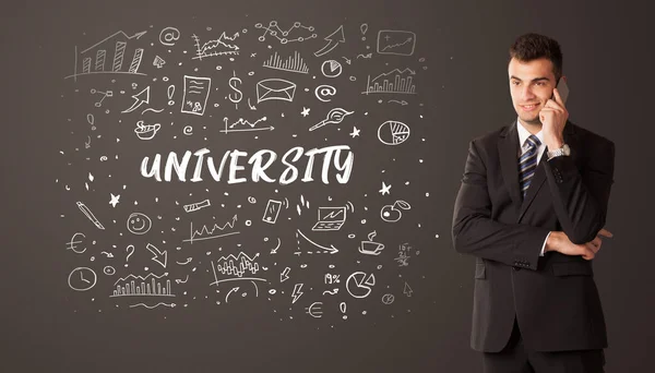 Businessman thinking with UNIVERSITY inscription, business education concept