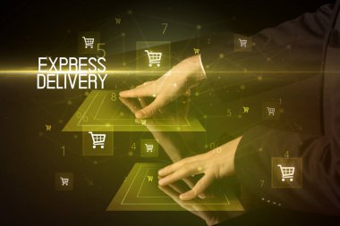 Alışveriş arabası simgeleriyle Express DELIVERY yazıt konsepti ile online alışveriş